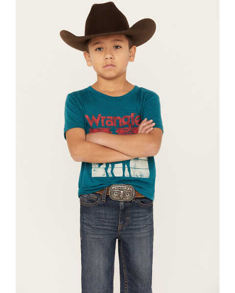 Wrangler Boys' Vintage Cowboy Logo Graphic T-Shirt, Turquoise, hi-res