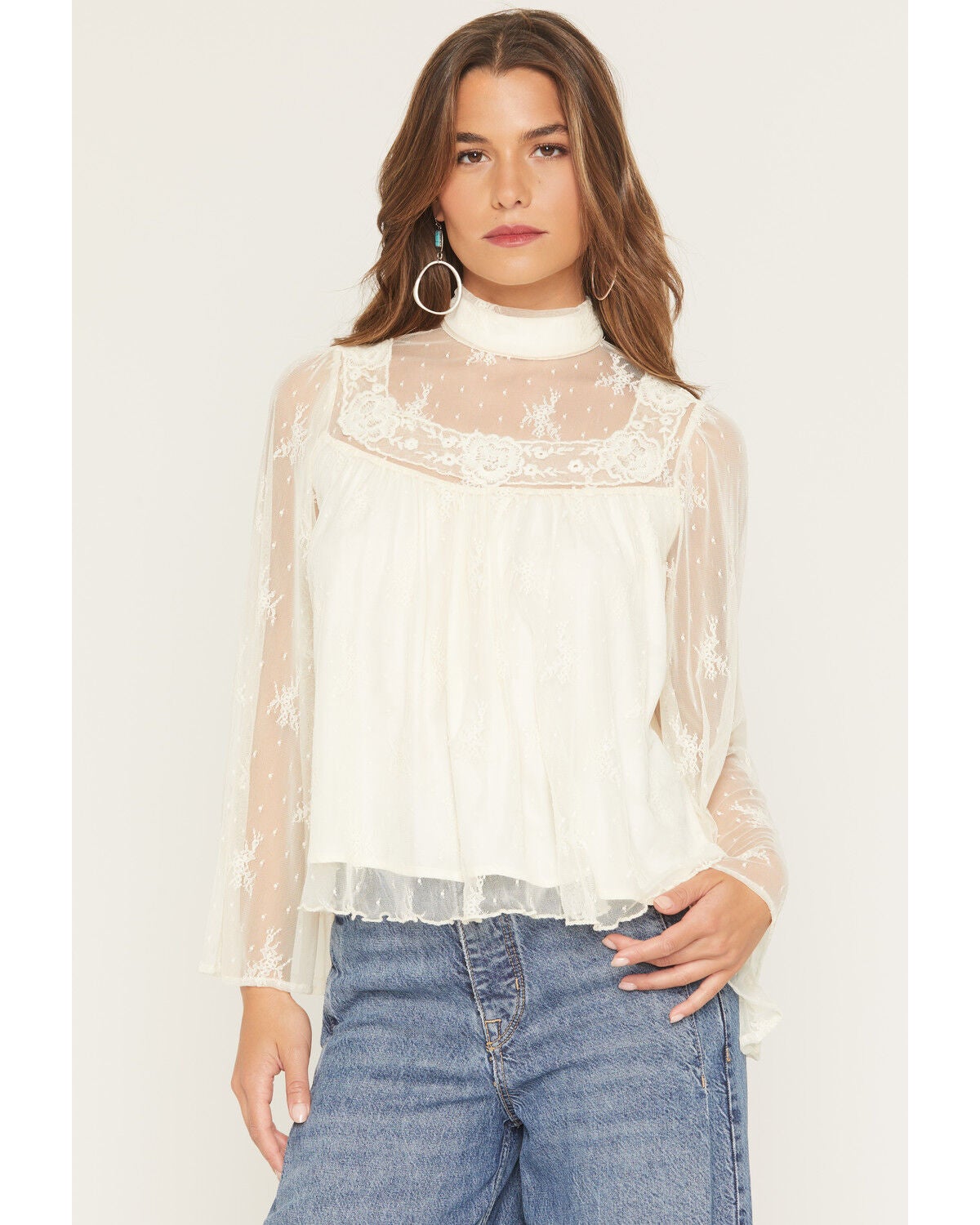 By Together Women's Mock Neck Lace Long Sleeve Top, Cream, hi-res