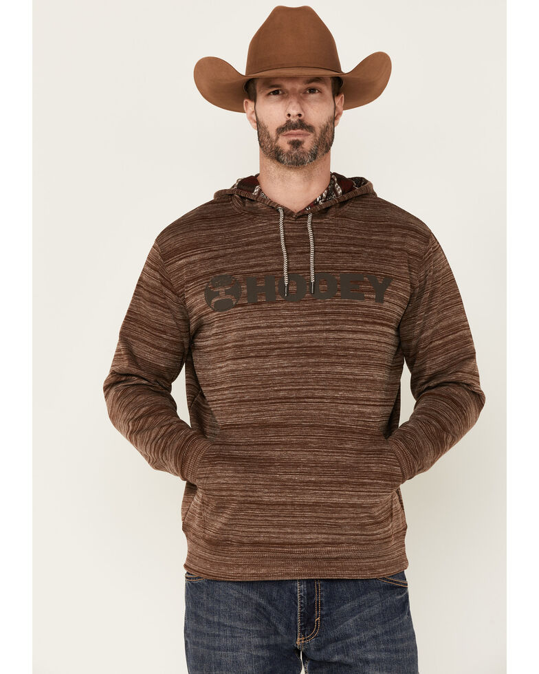 HOOey Men's Heather Brown Space Dye Lock-Up Logo Graphic Hooded Sweatshirt , Brown, hi-res