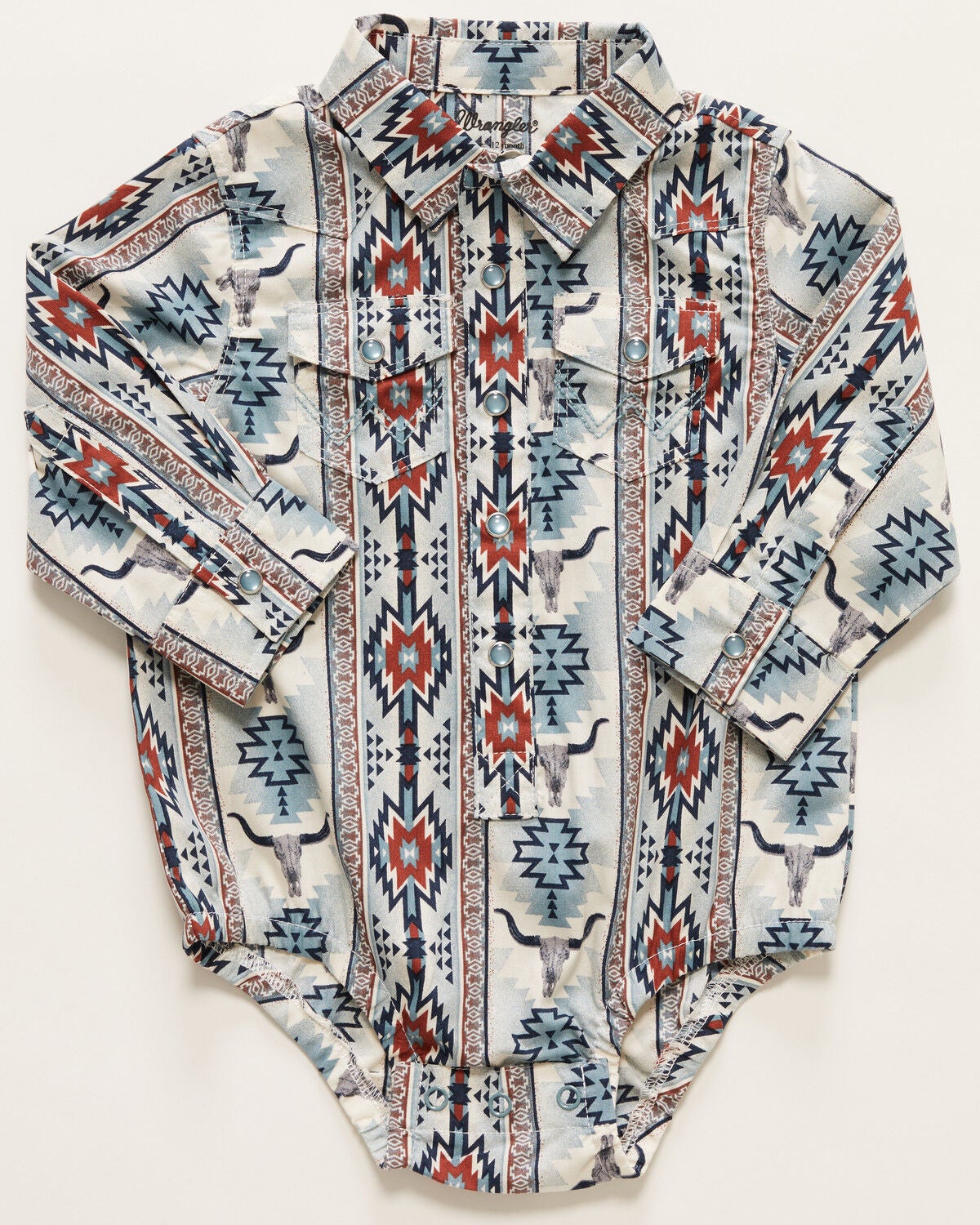 Image #1 - Wrangler Infant Boys' Southwestern Steerhead Print Long Sleeve Snap Western Onesie, Blue, hi-res