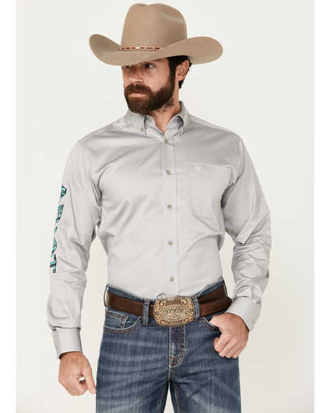Image #1 - Ariat Men's Team Logo Twill Long Sleeve Button-Down Western Shirt, Grey, hi-res
