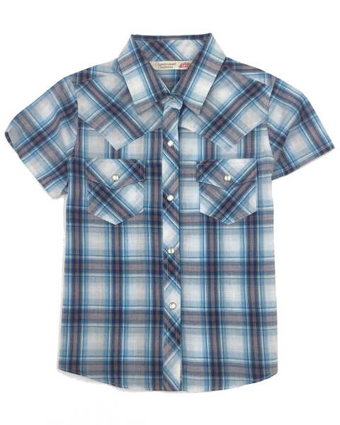 Image #1 - Cumberland Outfitters Girls' Plaid Print Snap Short Sleeve Western Shirt, Turquoise, hi-res