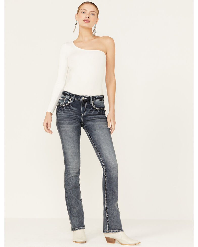 Grace in LA Women's Medium Dark Wash Mid-Rise Embroidered Pocket Flap Bootcut Denim Jeans, Blue, hi-res