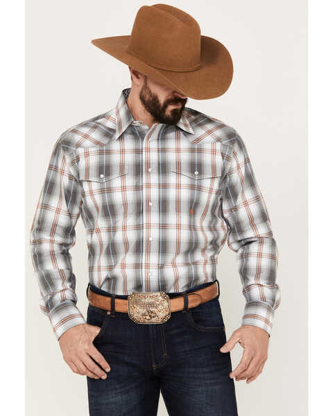 Roper Men's Amarillo Plaid Print Long Sleeve Western Snap Shirt, Grey, hi-res