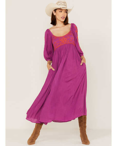 Image #1 - Free People Women's Wedgewood Embroidered Long Puff Sleeve Midi Dress, Magenta, hi-res