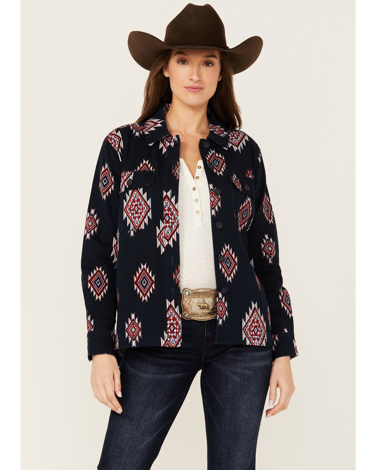Image #1 - Shyanne Women's Buffalo Southwestern Print Shacket, Indigo, hi-res