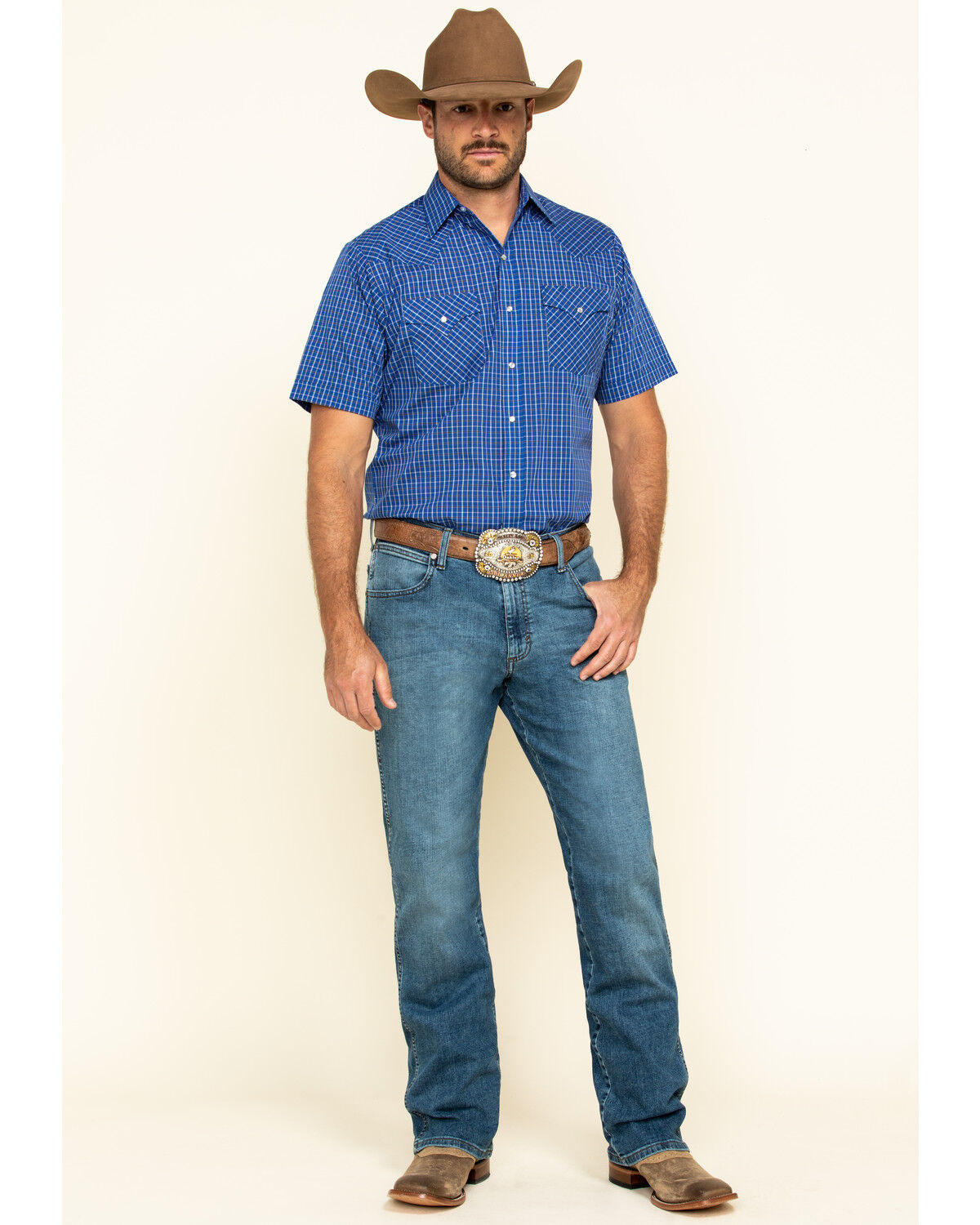 ELY CATTLEMAN Mens Size Short Sleeve Plaid Western Shirt-Tall