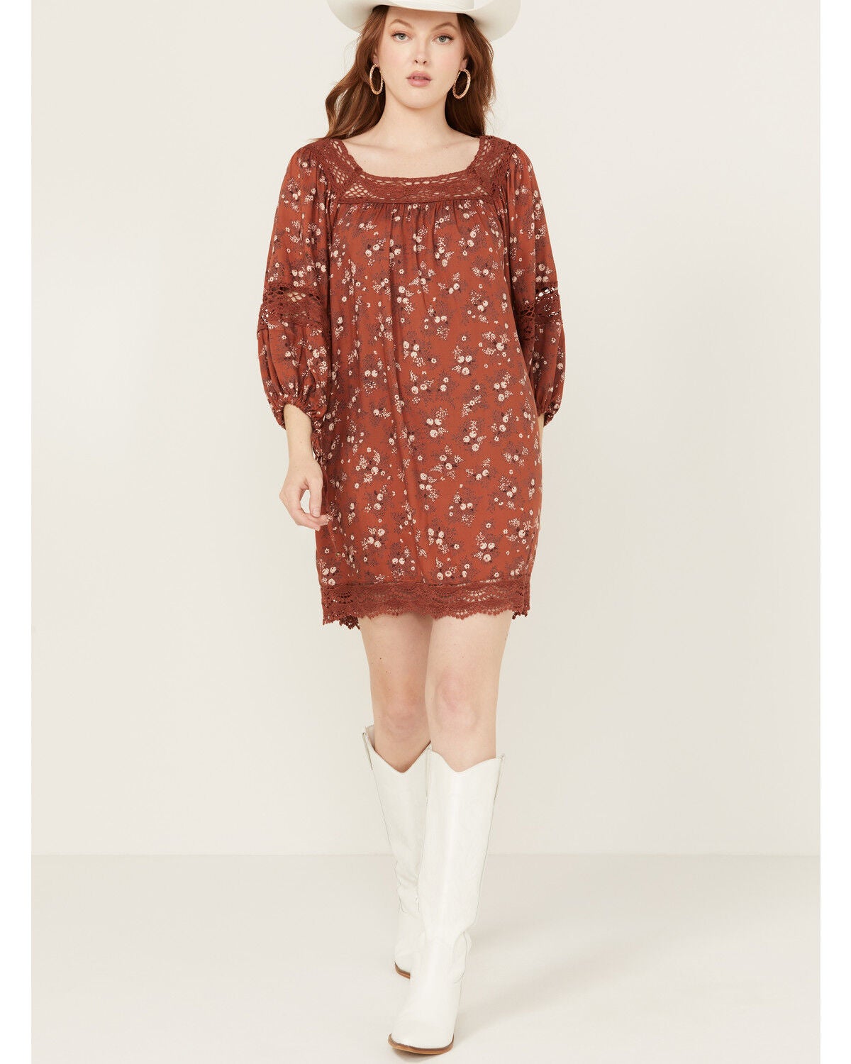 Angie Women's Floral Print Crochet Long Sleeve Mini Dress, Rust Copper, hi-res