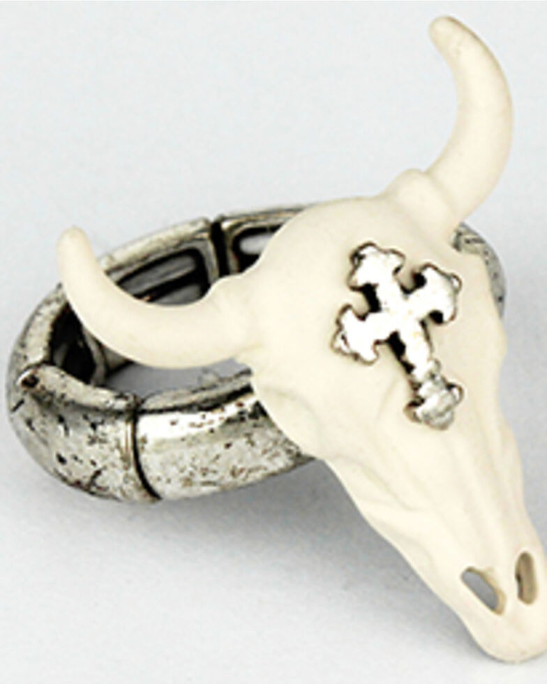 Prime Time Jewelry Women's Gold Stretch Bull Horn & Cross Ring, Silver, hi-res