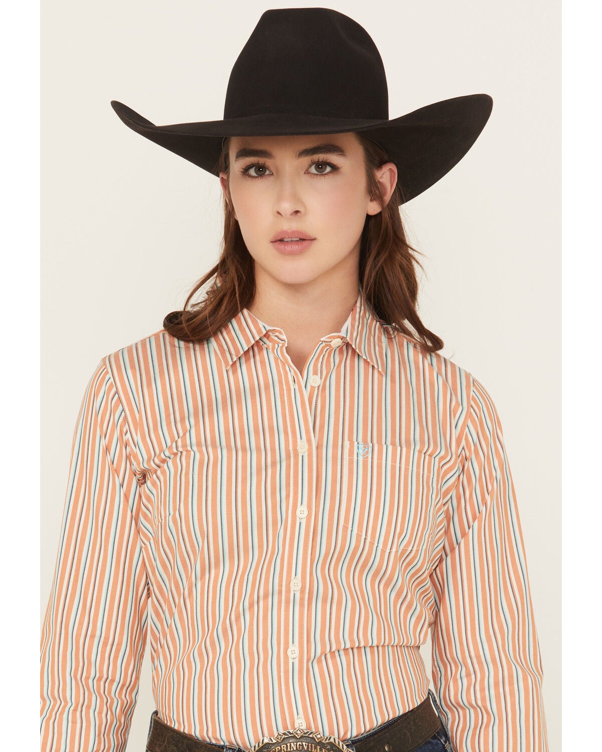 Ariat Women's Malia Striped Print Long Sleeve Button-Down Stretch Western Shirt, Orange, hi-res