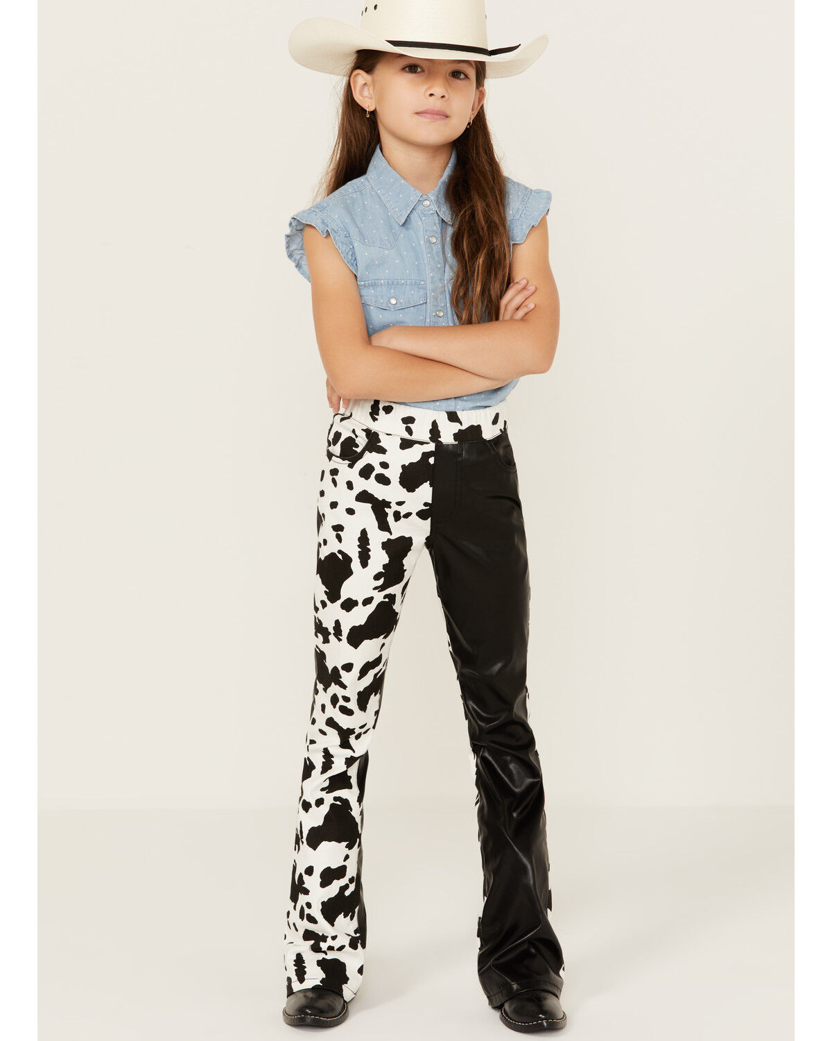 Image #1 - Saints & Hearts Girls' Cow Print Flare Pants, Black, hi-res