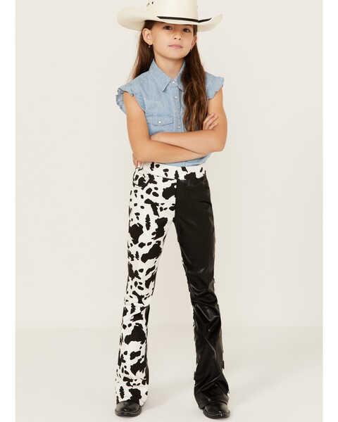 Saints & Hearts Girls' Cow Print Flare Pants , Black, hi-res