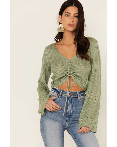 Image #1 - Lush Clothing Cinch Front Pointelle Bell Sleeve Top, Sage, hi-res