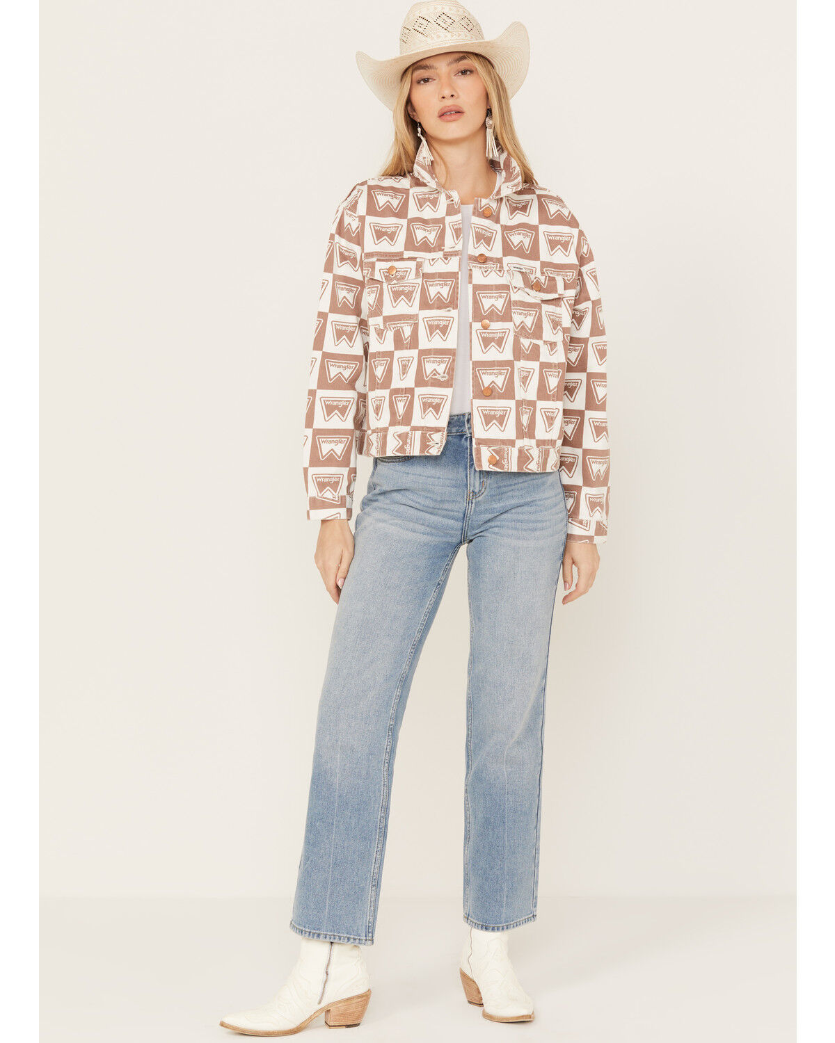 Image #1 - Wrangler Women's Heritage Signature Print Cut Off Jacket, Brown, hi-res