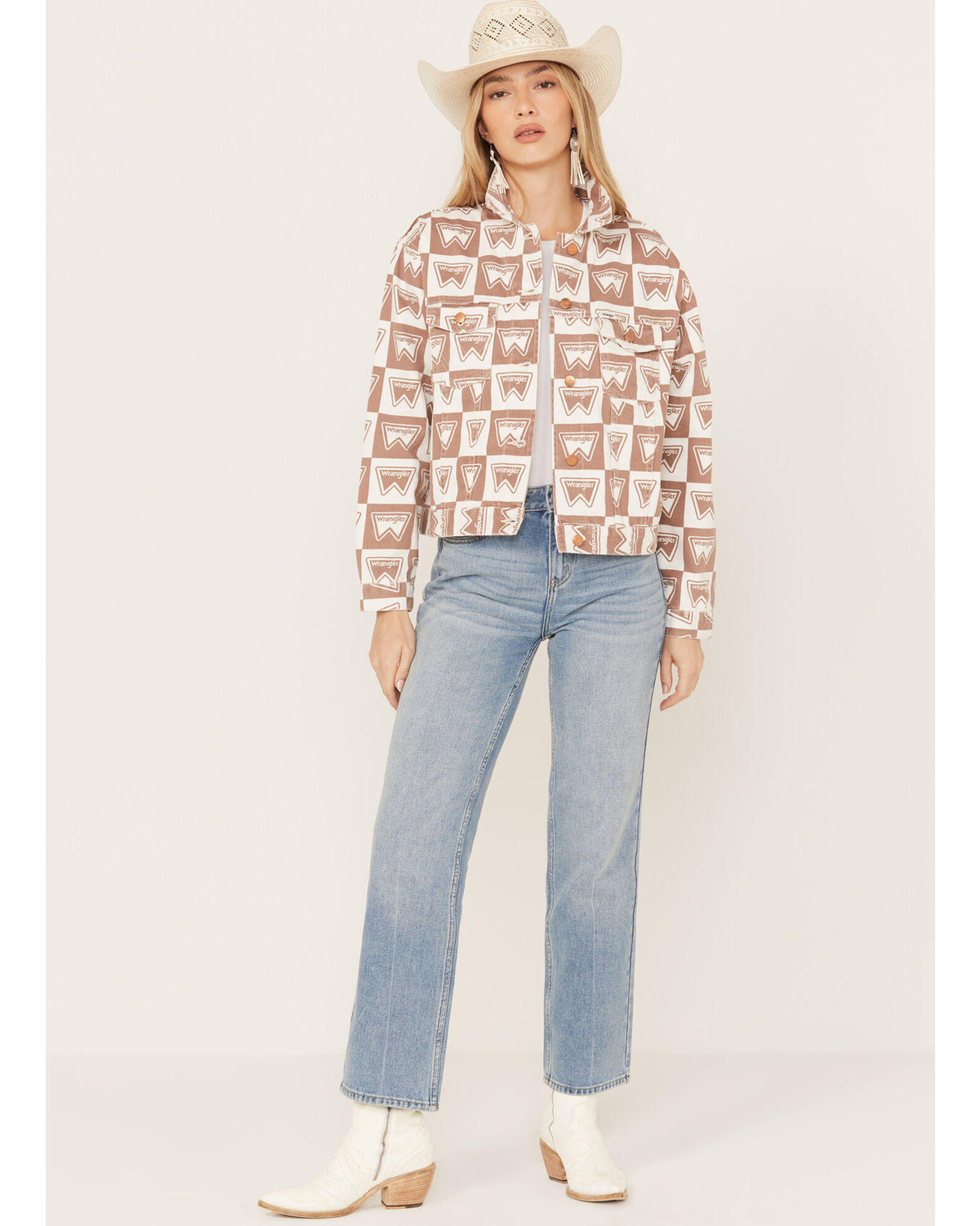 Image #1 - Wrangler Women's Heritage Signature Print Cut Off Jacket, Brown, hi-res