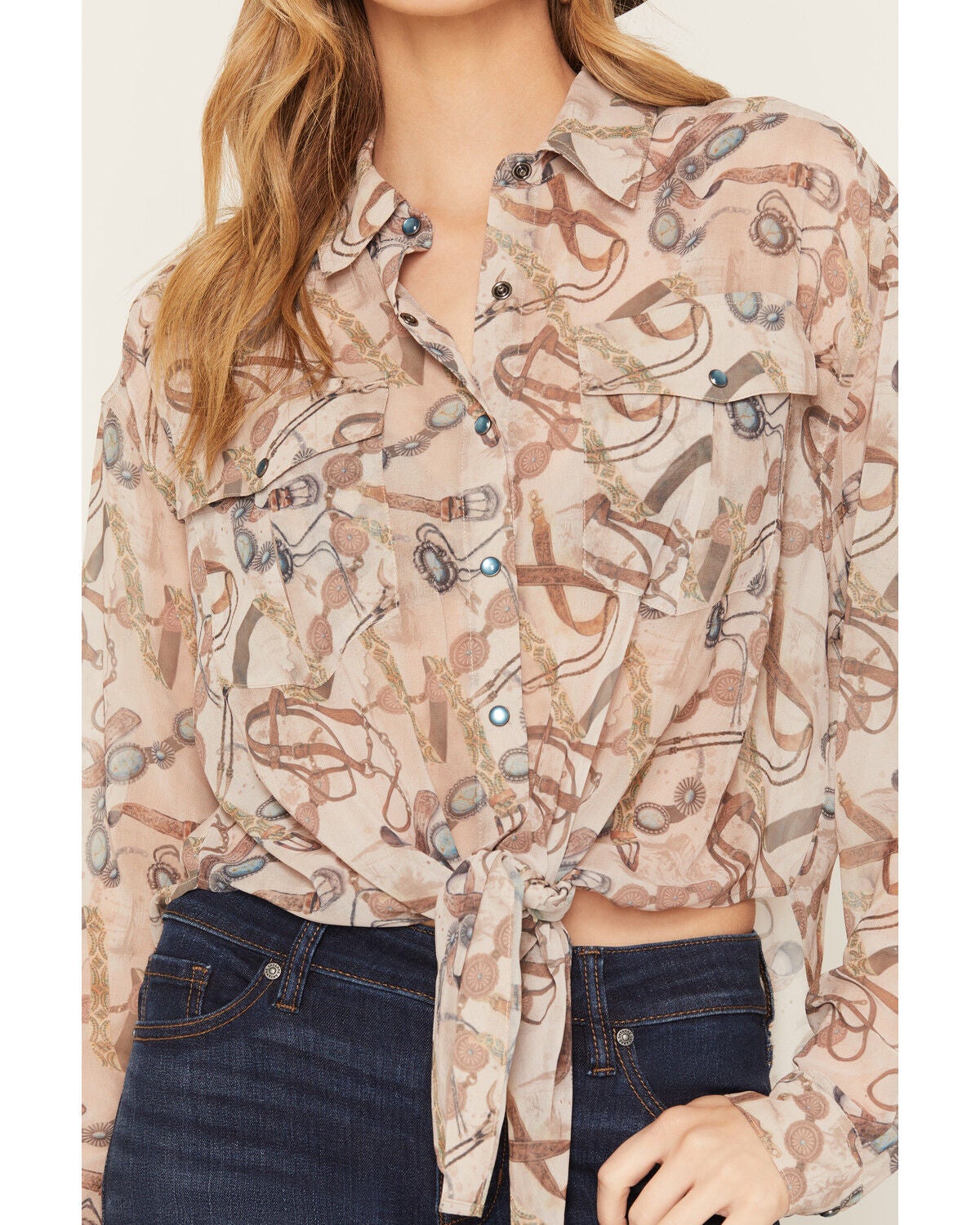 Image #3 - Shyanne Women's Norma Sheer Printed Long Sleeve Pearl Snap Blouse, Natural, hi-res