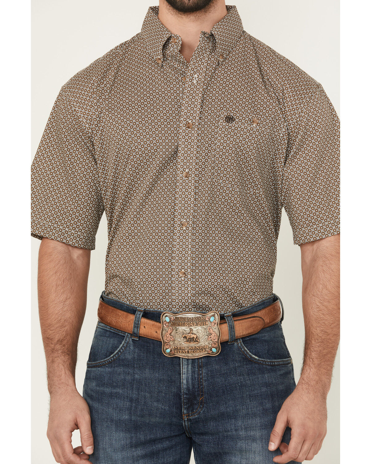 Image #3 - Wrangler Men's Geo Print Short Sleeve Button-Down Stretch Western Shirt, Brown, hi-res