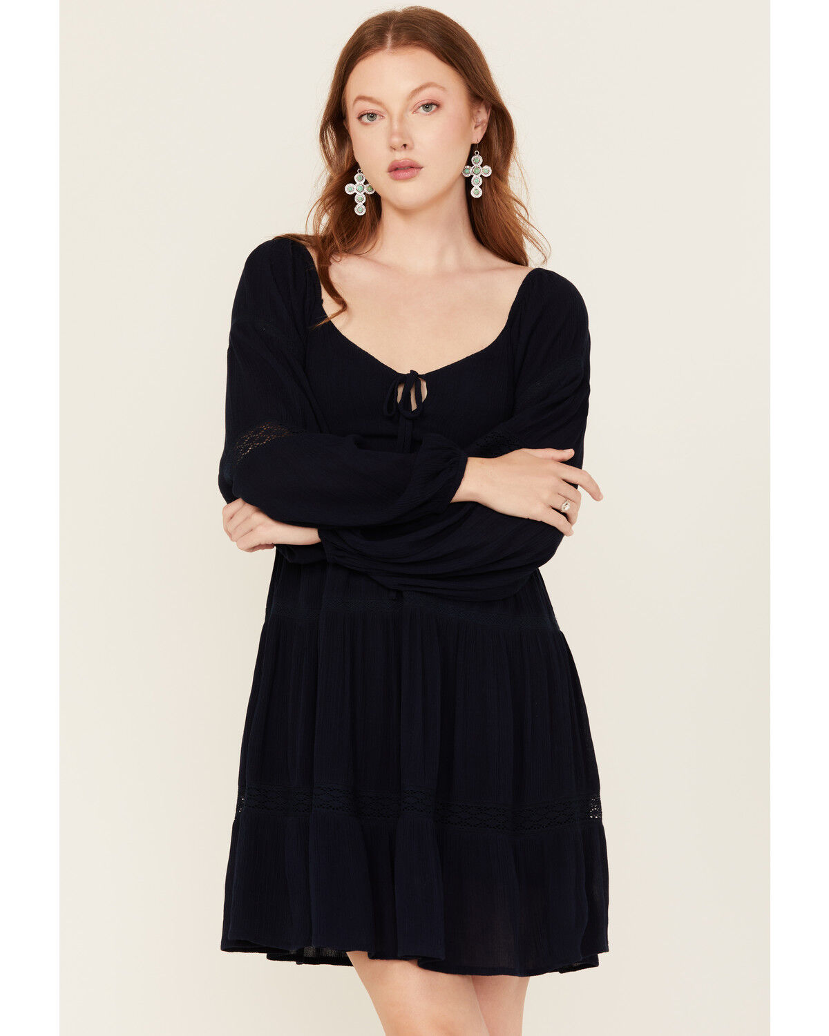 Image #1 - Jolt Women's Lace Trim Long Sleeve Tiered Mini Dress, Navy, hi-res