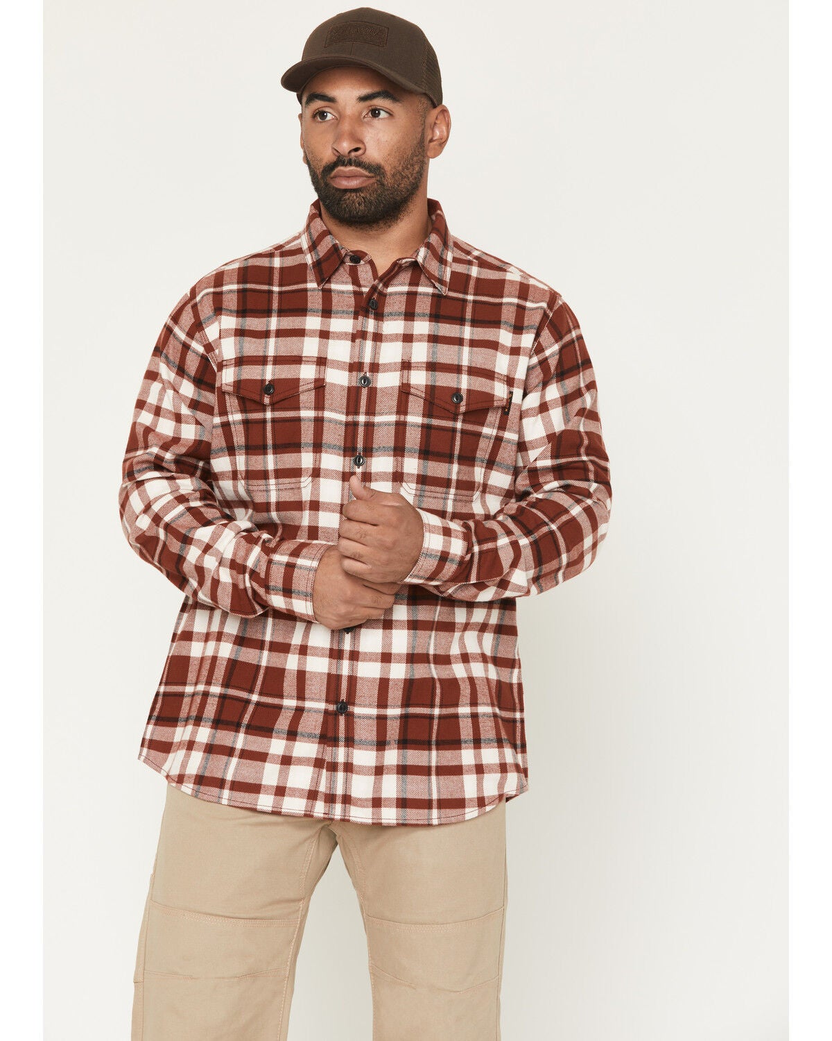 Hawx Men's Mac Plaid Print Long Sleeve Button-Down Flannel Shirt, Wine, hi-res