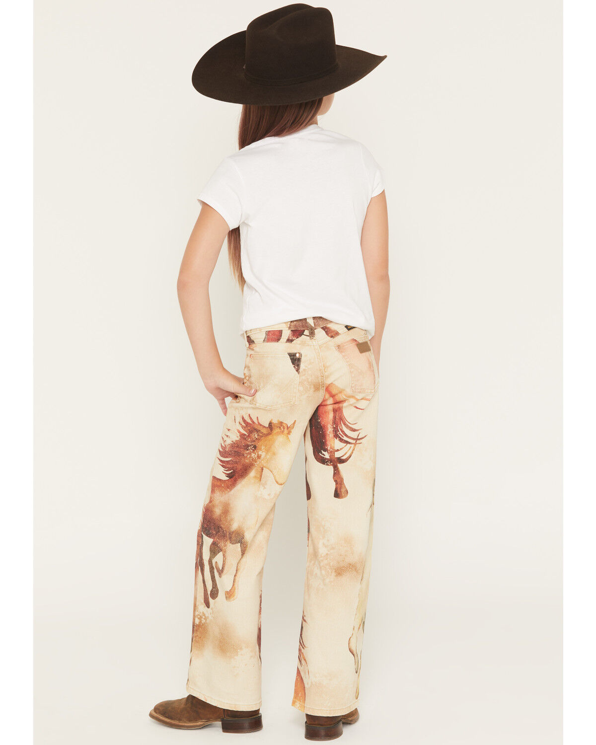 Image #3 - Wrangler X Lainey Wilson Girls' Horse Print Wide Leg Stretch Denim Jeans, Tan, hi-res
