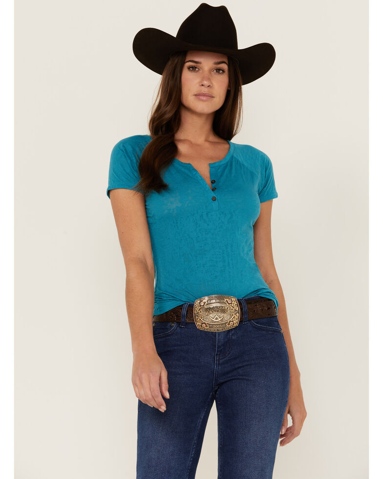 Rank 45 Women's Teal Southwestern Burnout Henley Tee, Teal, hi-res