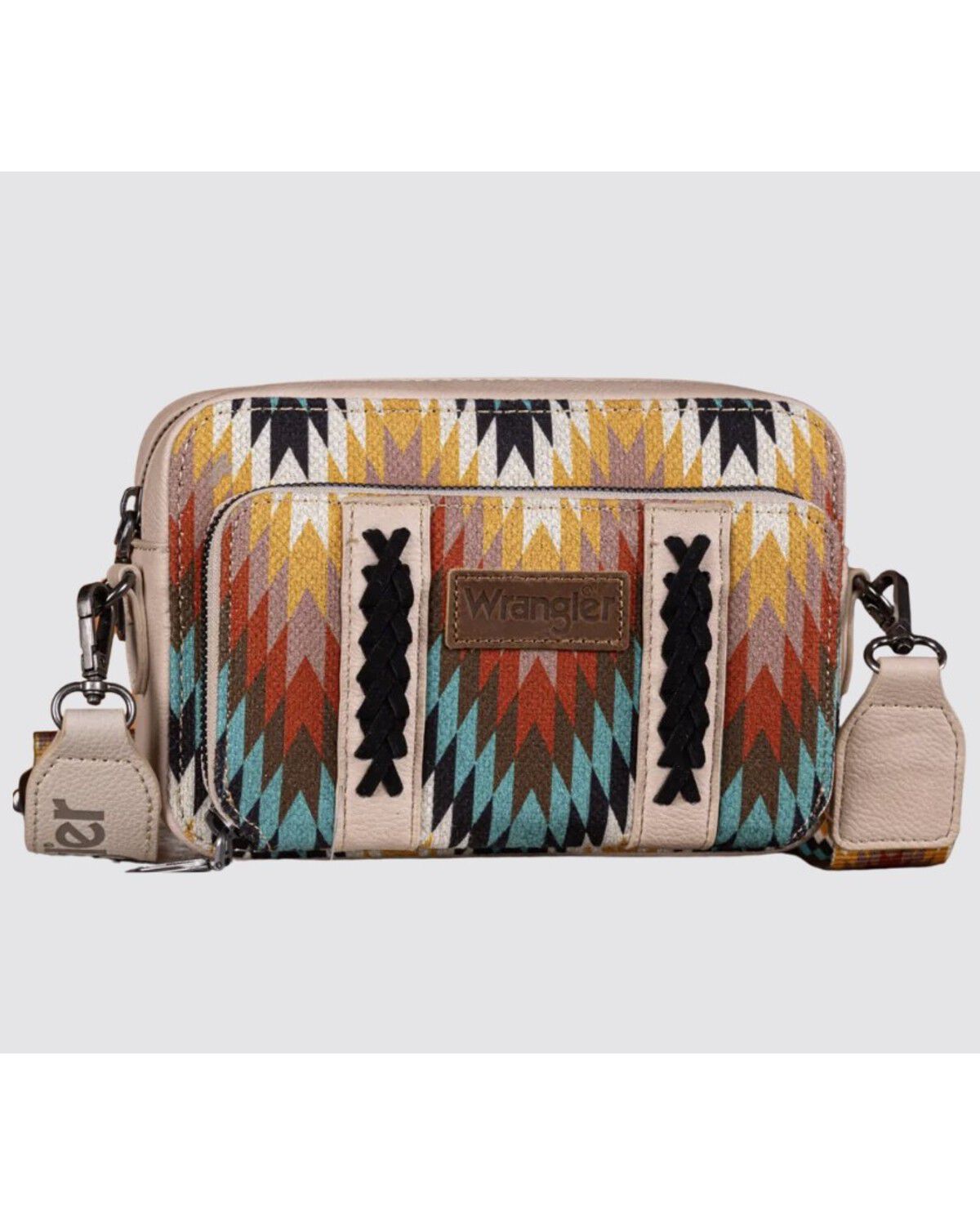 Image #1 - Wrangler Women's Southwestern Print Dual Sided Crossbody Purse with Wallet Compartment, Tan, hi-res