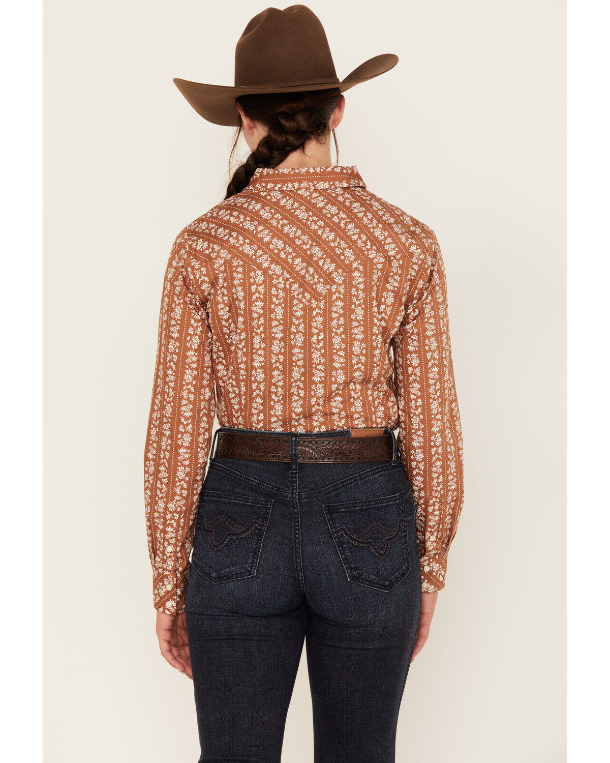 Image #4 - Wrangler Women's Boot Barn Exclusive Floral Dot Stripe Print Long Sleeve Western Pearl Snap Shirt, Rust Copper, hi-res