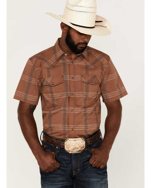 Cody James Men's Easl End Large Plaid Short Sleeve Snap Western Shirt , Brown, hi-res