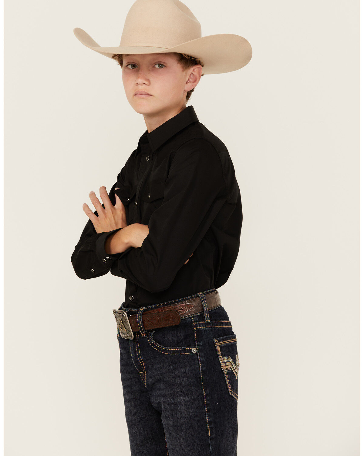 Image #2 - Gibson Trading Co Boys' Solid Long Sleeve Pearl Snap Western Shirt, Black, hi-res