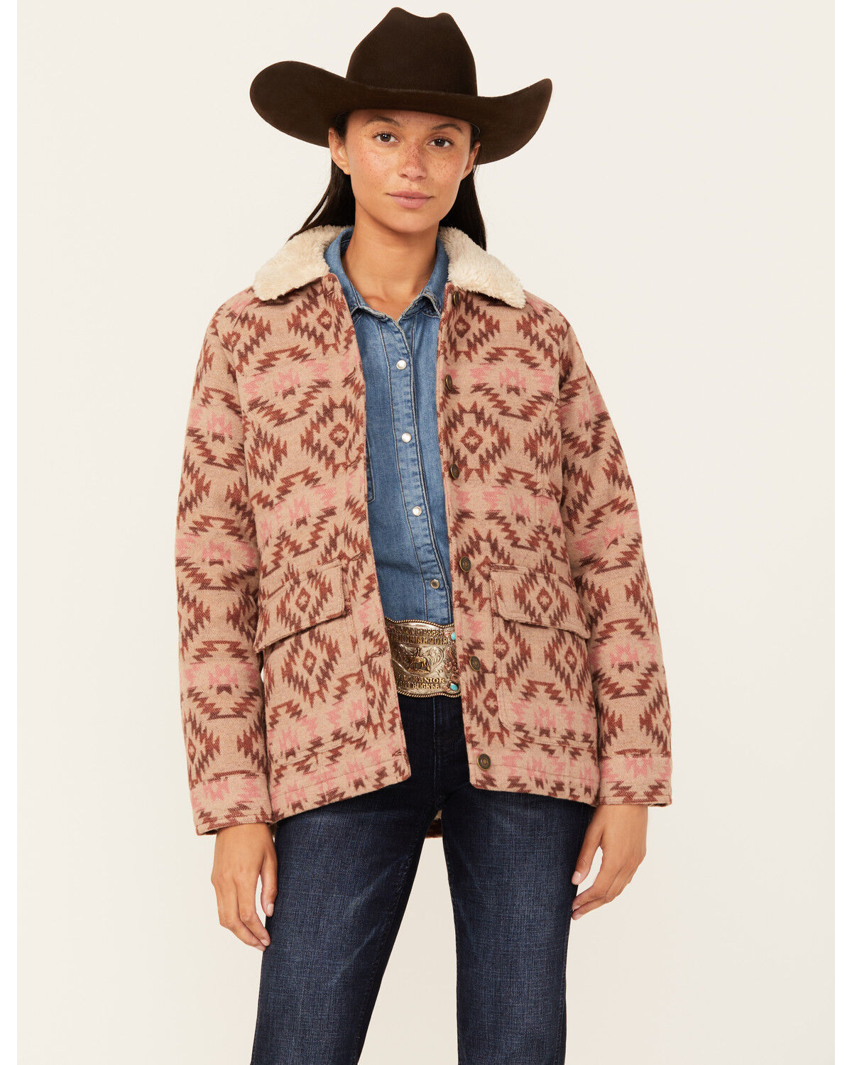 Image #1 - Shyanne Women's Southwestern Print Blanket Sherpa Lined Jacket, Beige, hi-res
