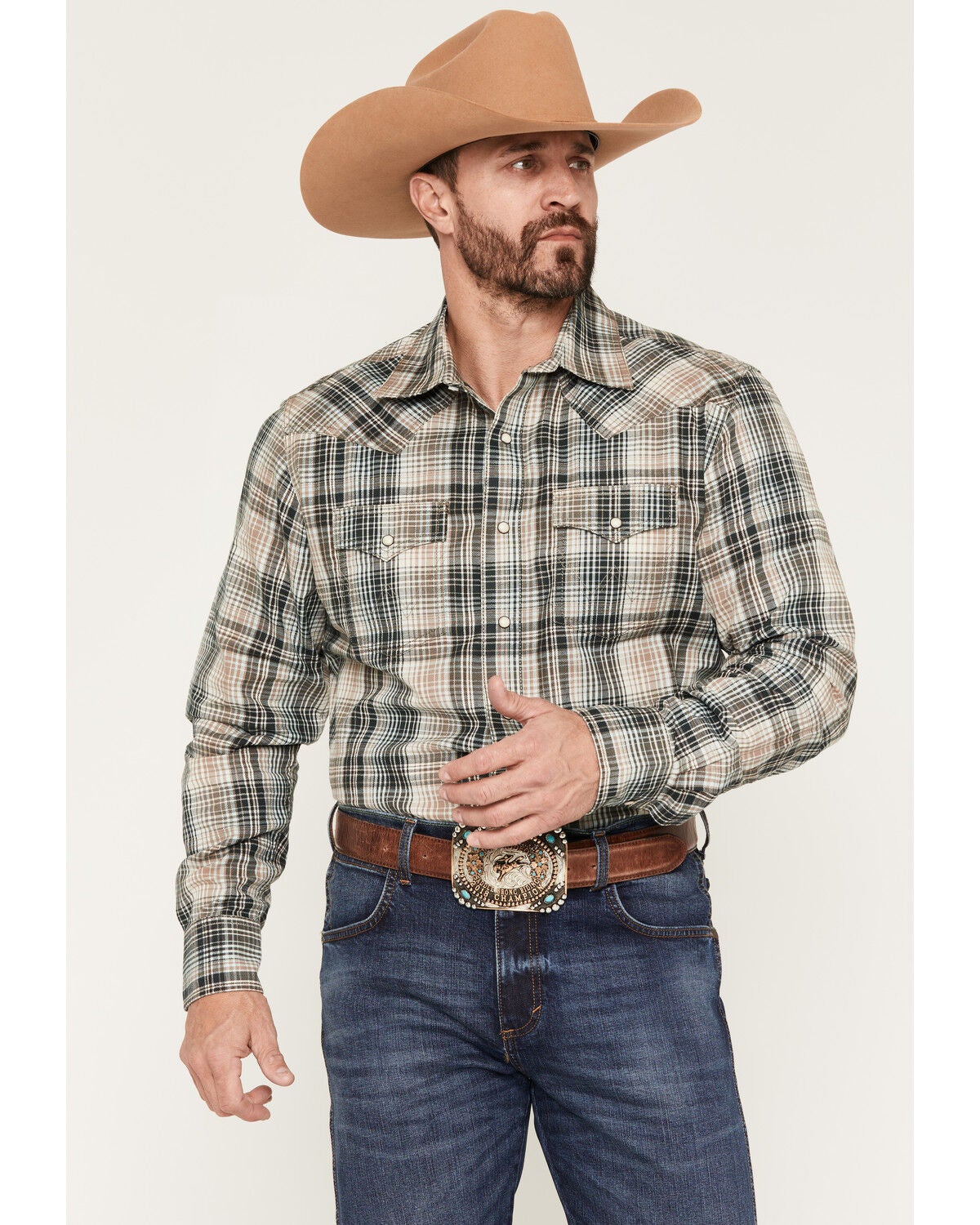 Wrangler Retro Men's Plaid Print Long Sleeve Snap Western Shirt, Cream, hi-res