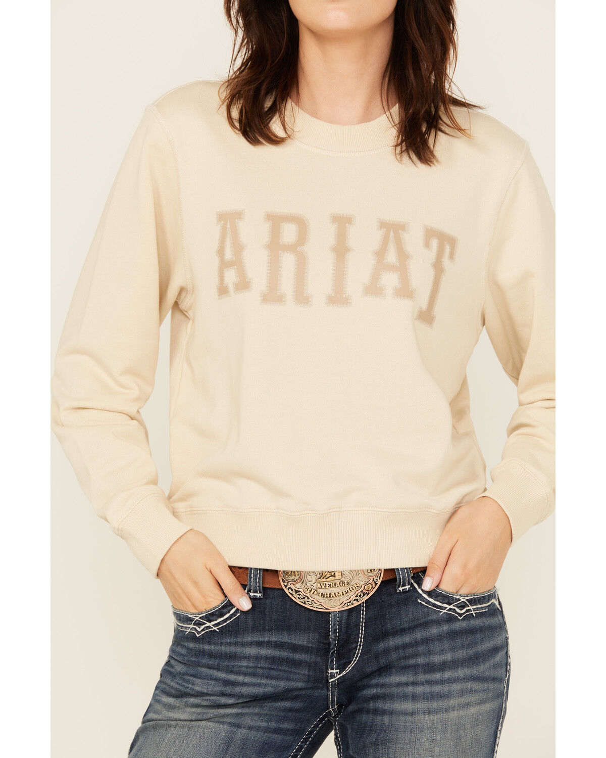 Image #3 - Ariat Women's Essential Logo Crewneck Sweatshirt, Cream, hi-res