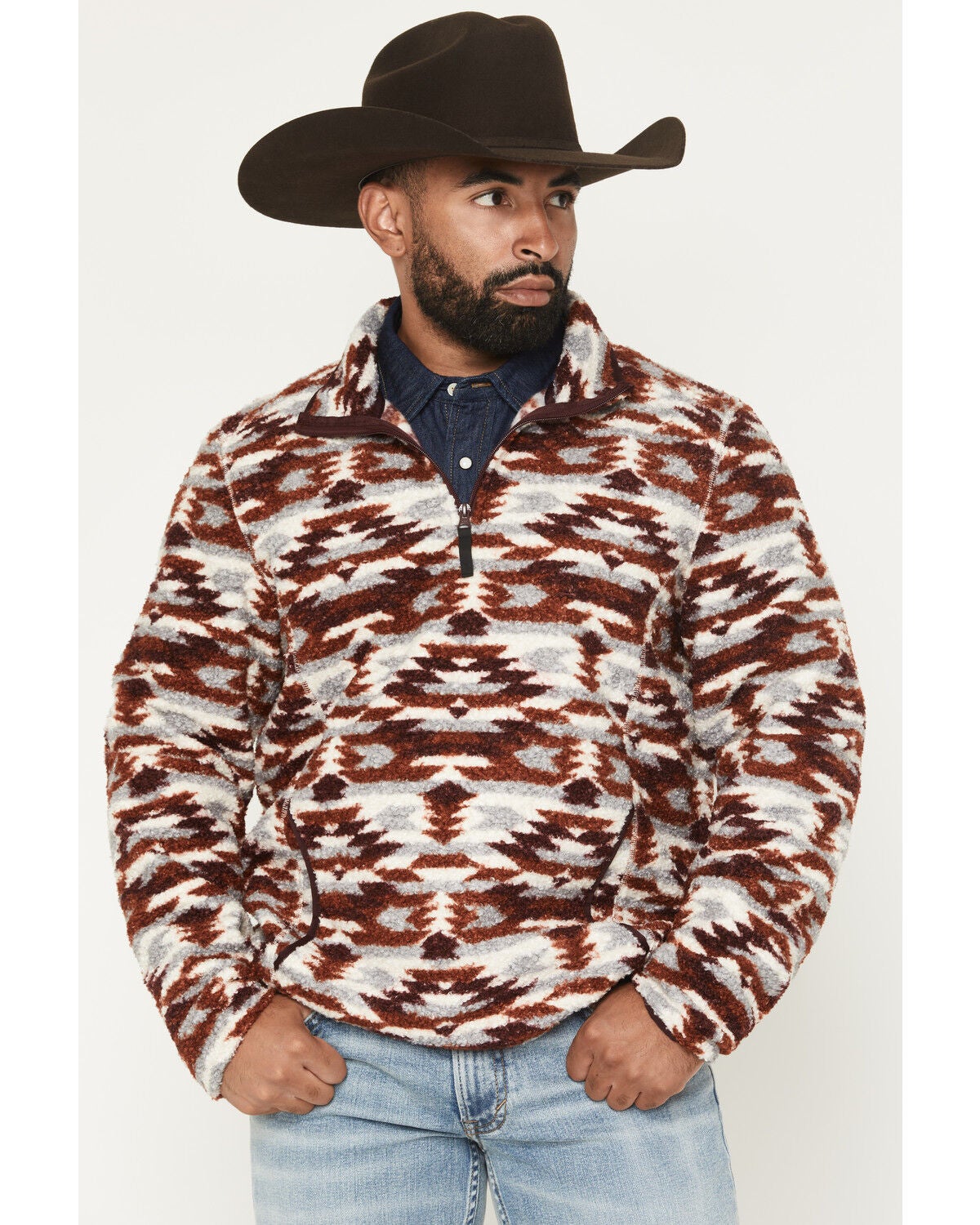 Rock & Roll Denim Men's Southwestern Berber Quarter Zip Pullover, Rust Copper, hi-res