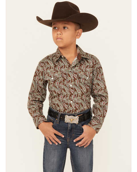 Image #1 - Roper Boys' Paisley Print Long Sleeve Pearl Snap Western Shirt , Brown, hi-res