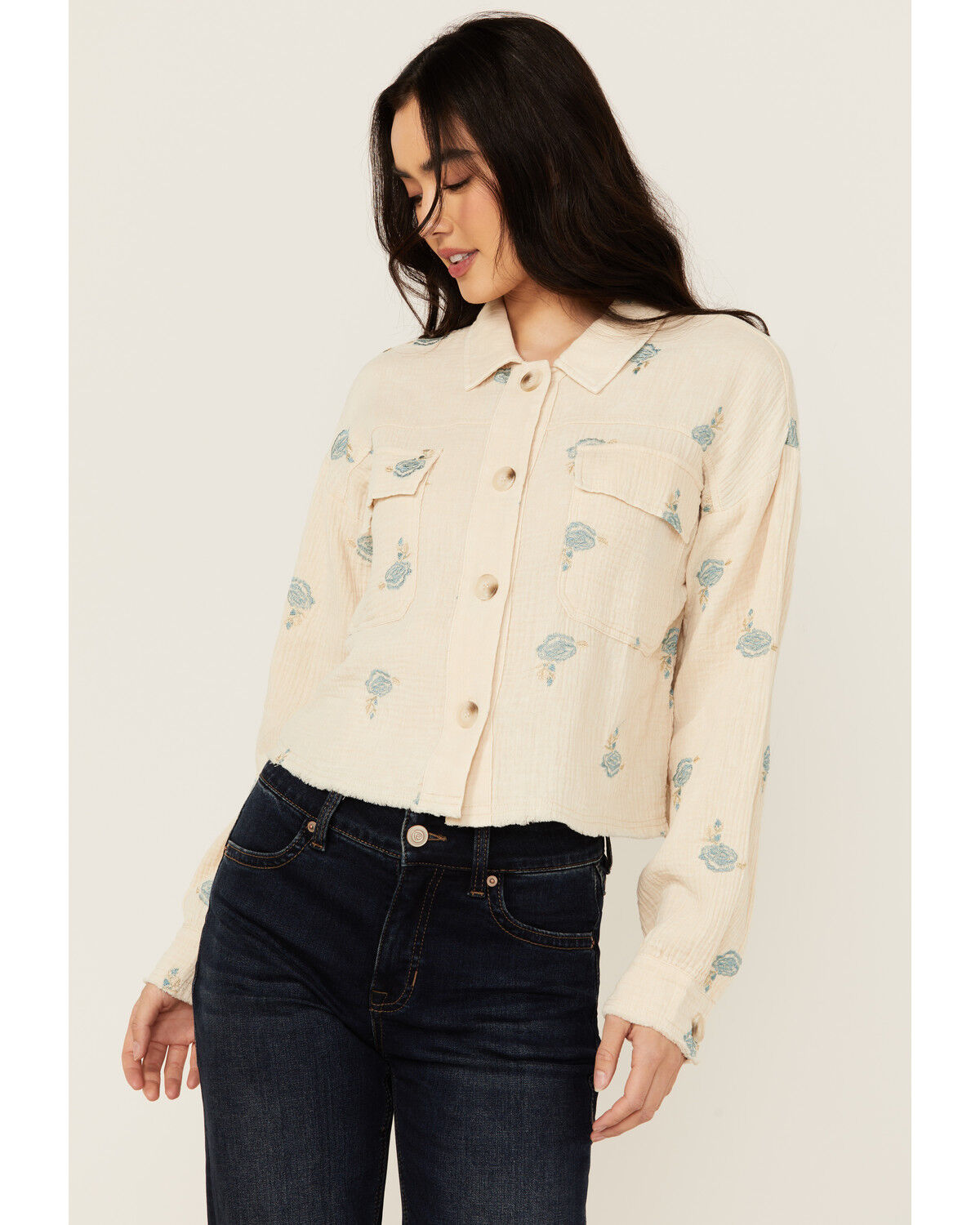 Image #1 - Mystree Women's Floral Embroidered Long Sleeve Button-Down Shirt, Cream, hi-res