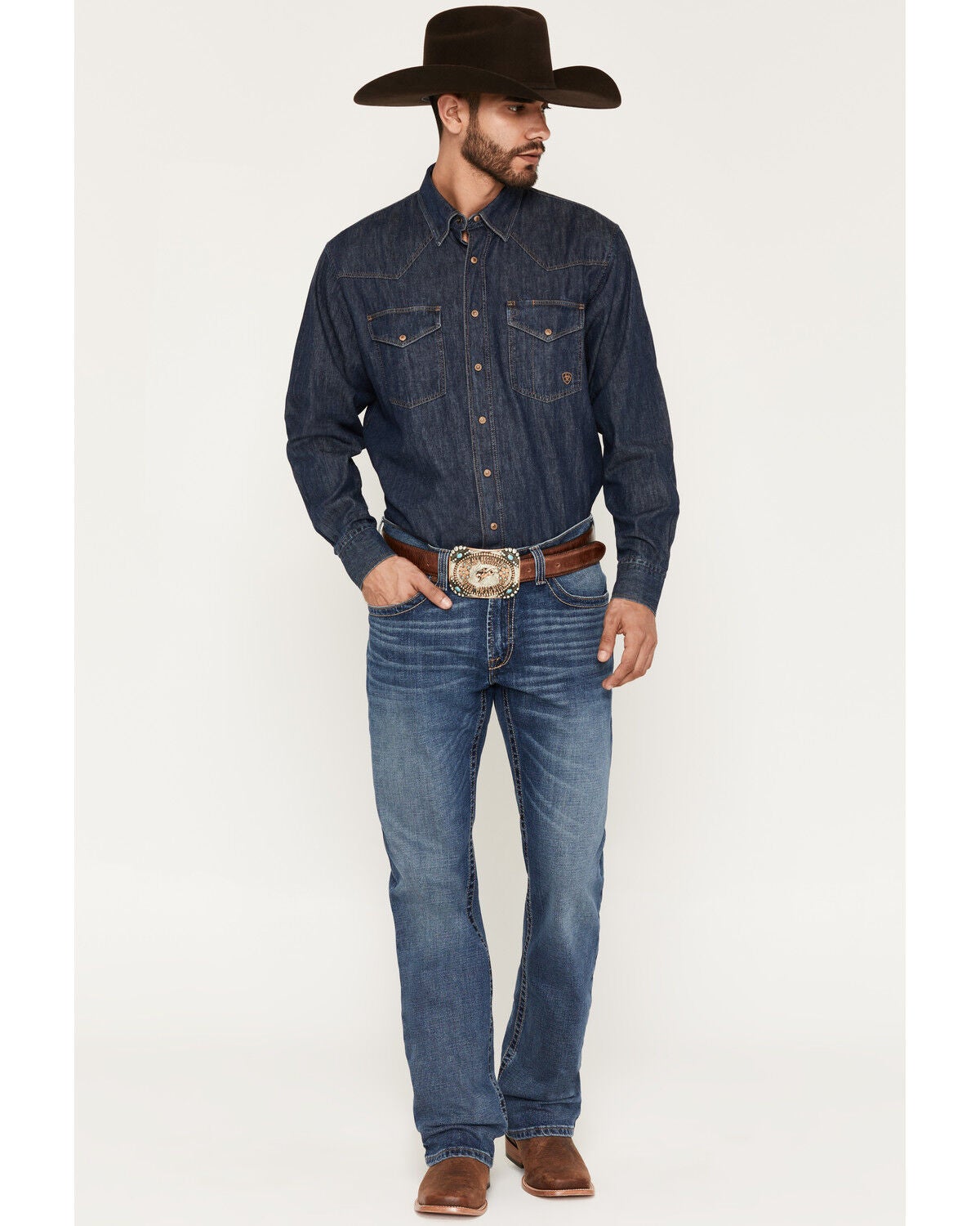 Ariat Men's M4 Heath Thornton Medium Wash Relaxed Bootcut Stretch Denim Jeans - Big, Medium Wash, hi-res