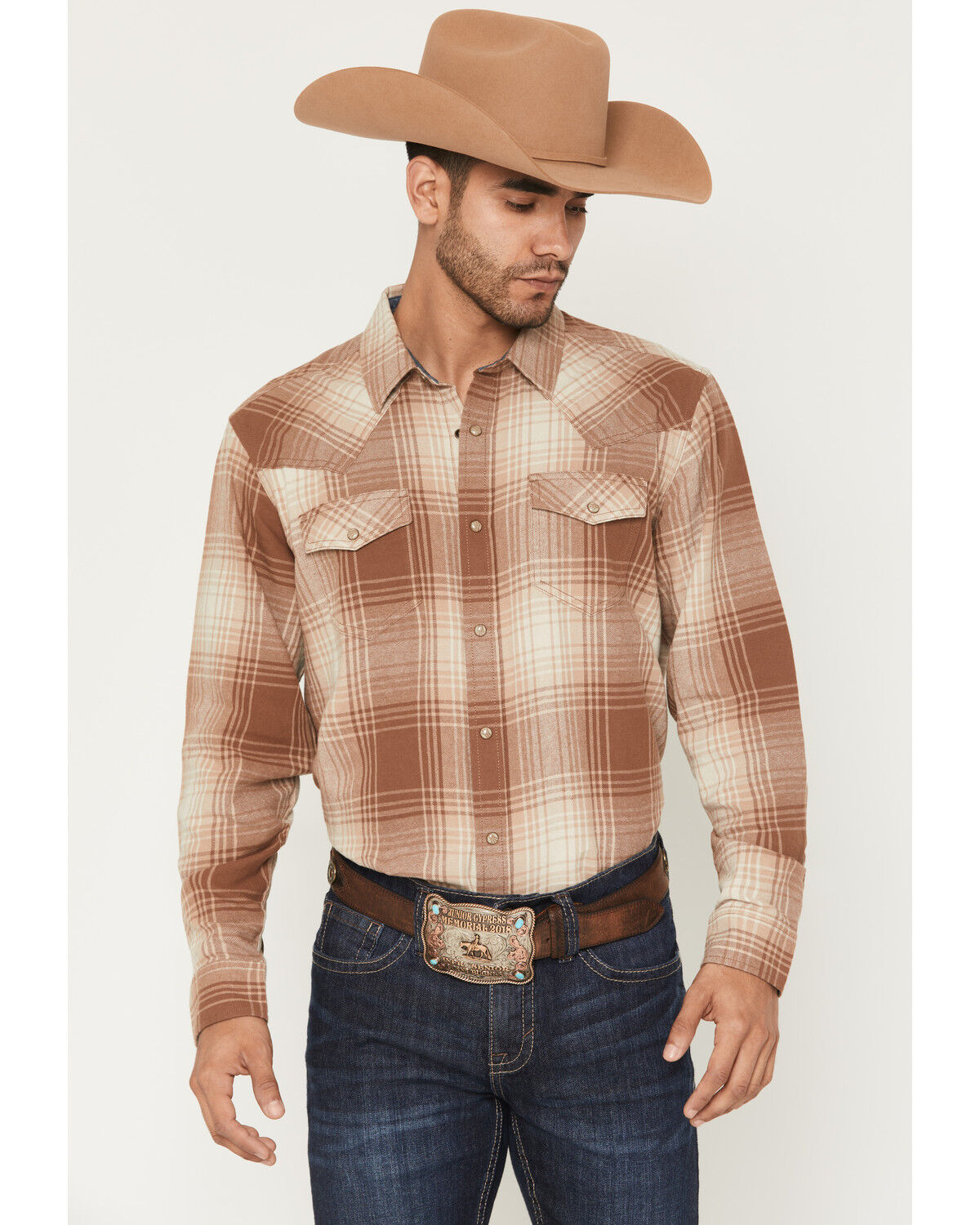 Image #1 - Cody James Men's Smoke Mountain Plaid Print Long Sleeve Snap Flannel Shirt, Lt Brown, hi-res