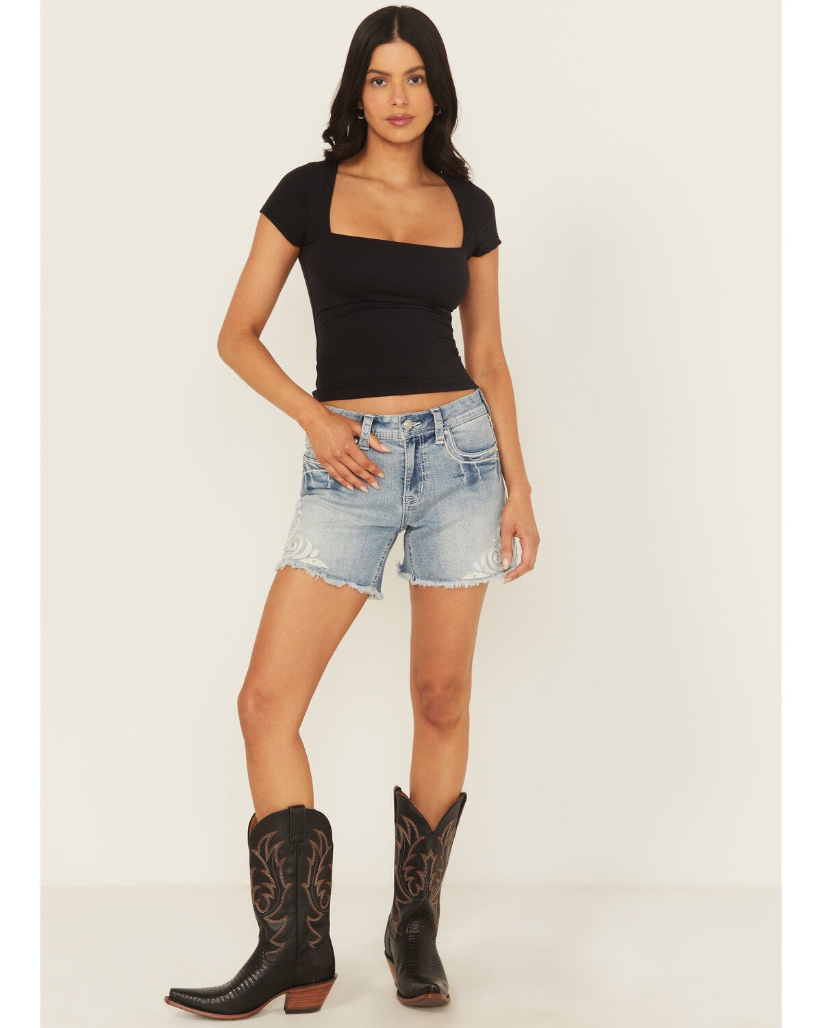 Grace In LA Women's Embellished Light Wash Mid Rise Cutoff Stretch Denim Shorts, Light Wash, hi-res