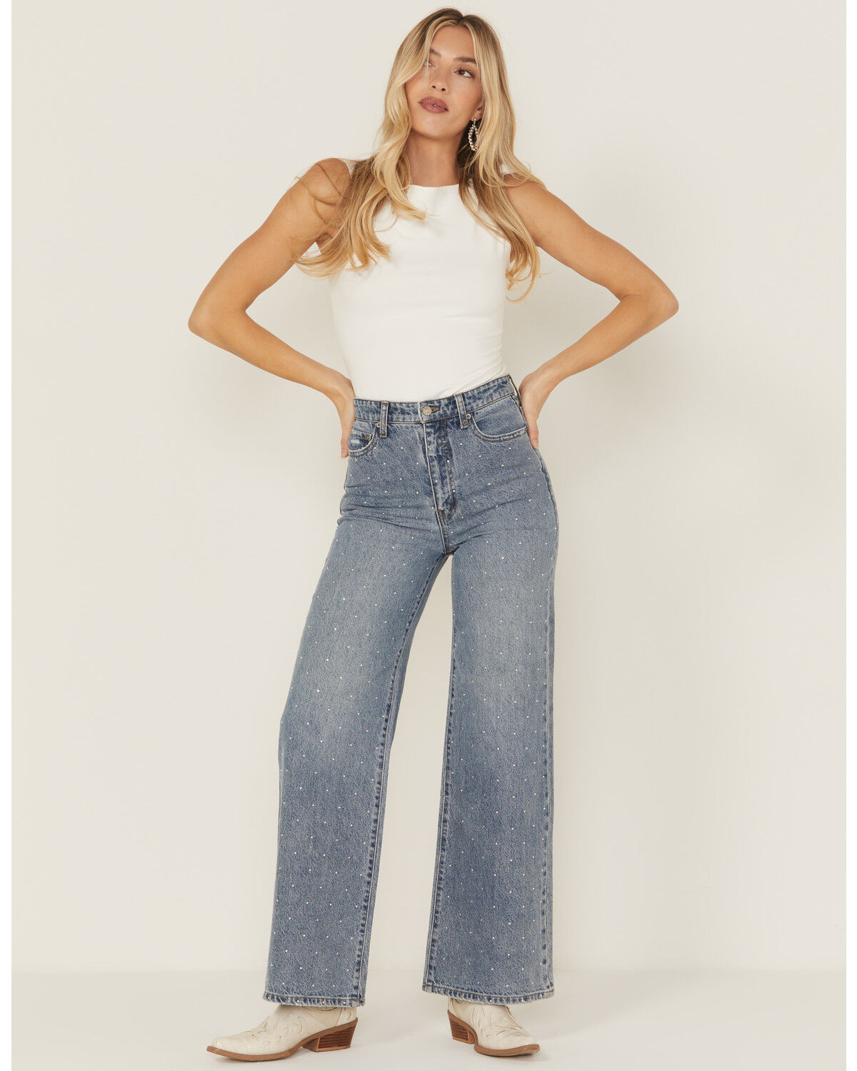 Image #1 - Daze Women's Far Out Medium Wash High Rise Studded Wide Leg Denim Jeans, Medium Wash, hi-res