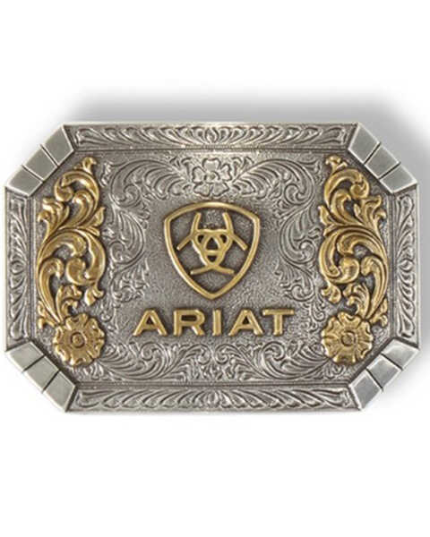 M & F Western Men's Silver Rectangular & Gold Floral Emblem Belt Buckle, Silver, hi-res