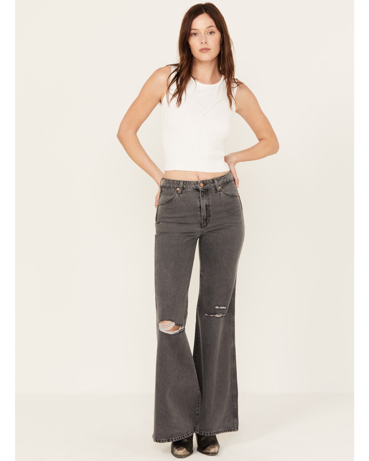 Wrangler Women's Heart Patch Wanderer Flare Jeans, Black, hi-res