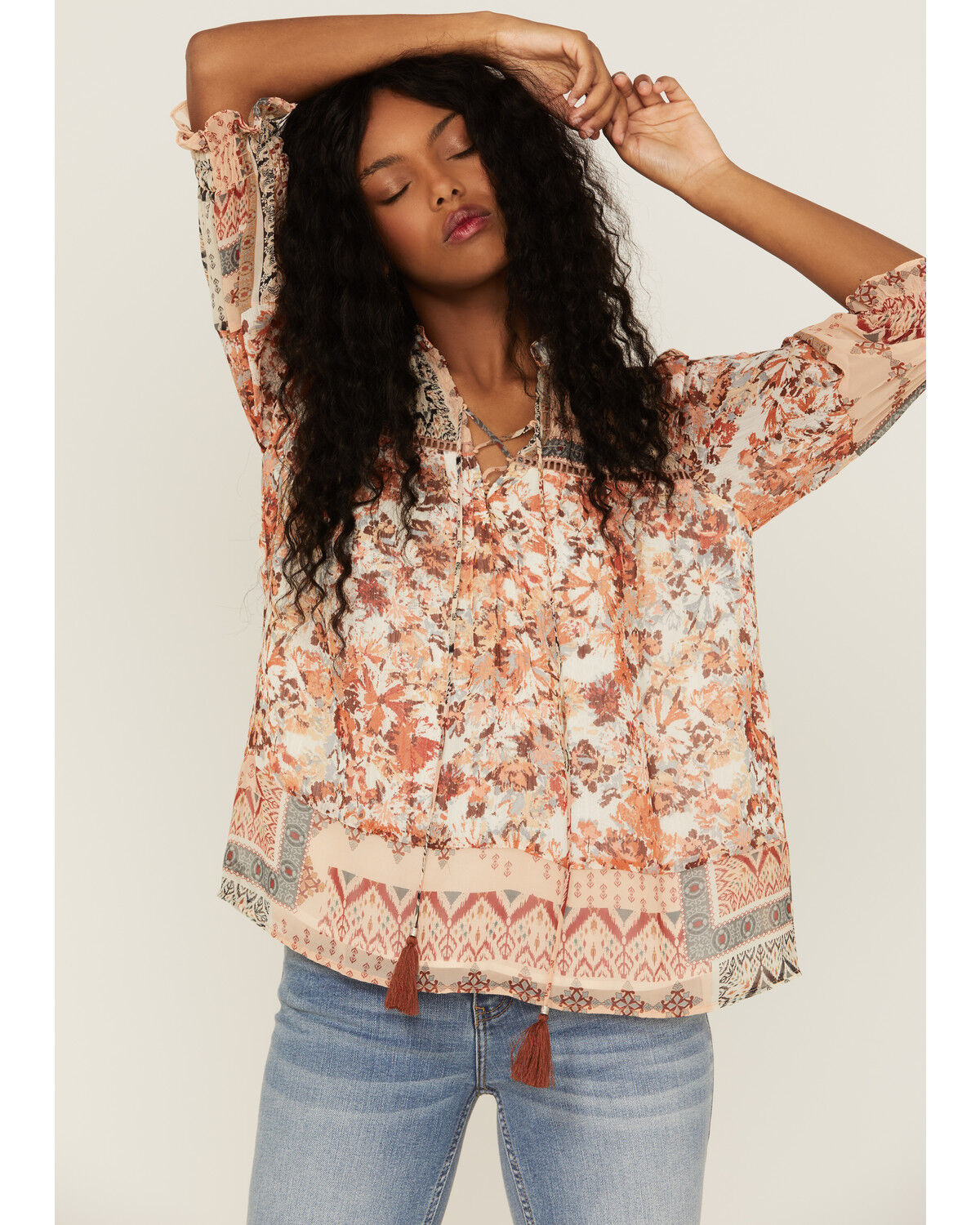 Image #1 - Miss Me Women's Mauve Patchwork Peasant Tassel Top, Mauve, hi-res