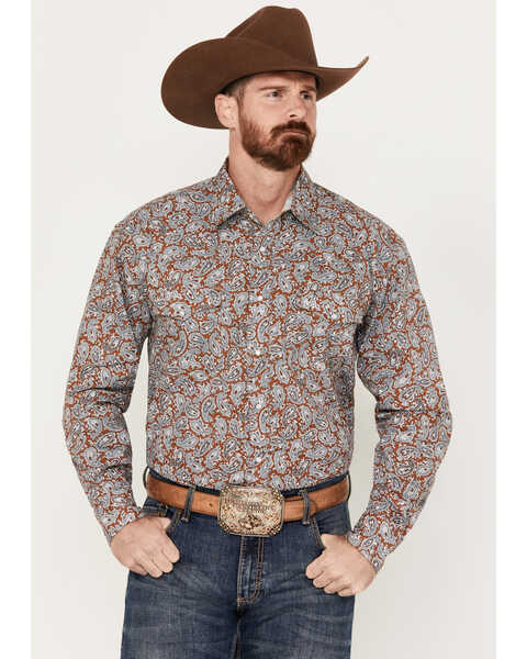 Roper Men's Amarillo Paisley Print Long Sleeve Western Snap Shirt, Dark Orange, hi-res