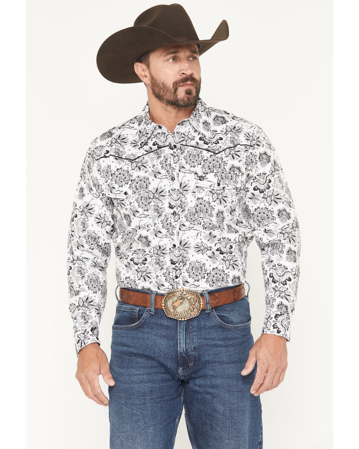 Image #1 - Cowboy Hardware Men's Peacock Paisley Print Long Sleeve Snap Stretch Western Shirt, White, hi-res
