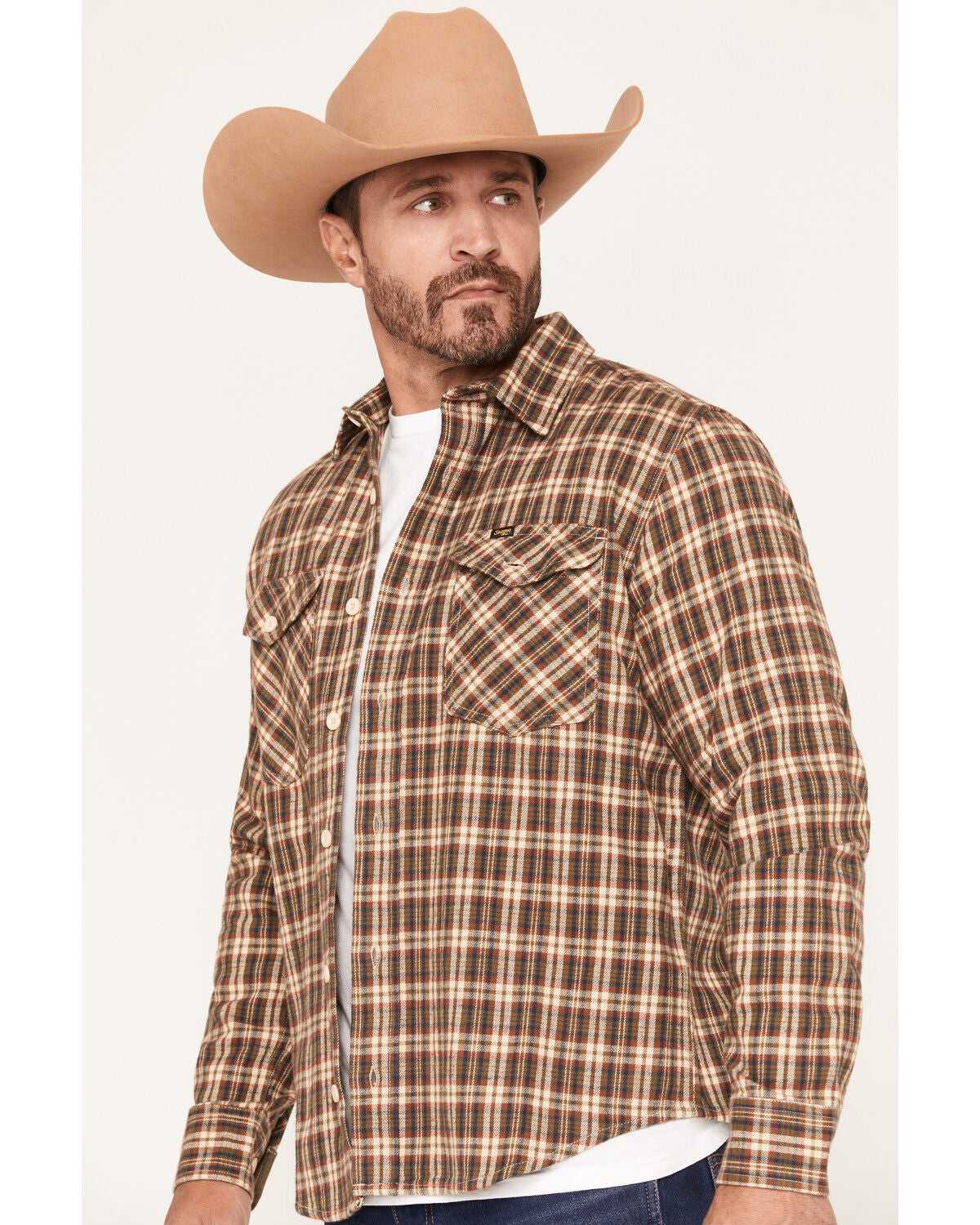 Image #2 - Seager Men's Calico Plaid Print Long Sleeve Button-Down Flannel Shirt, Caramel, hi-res