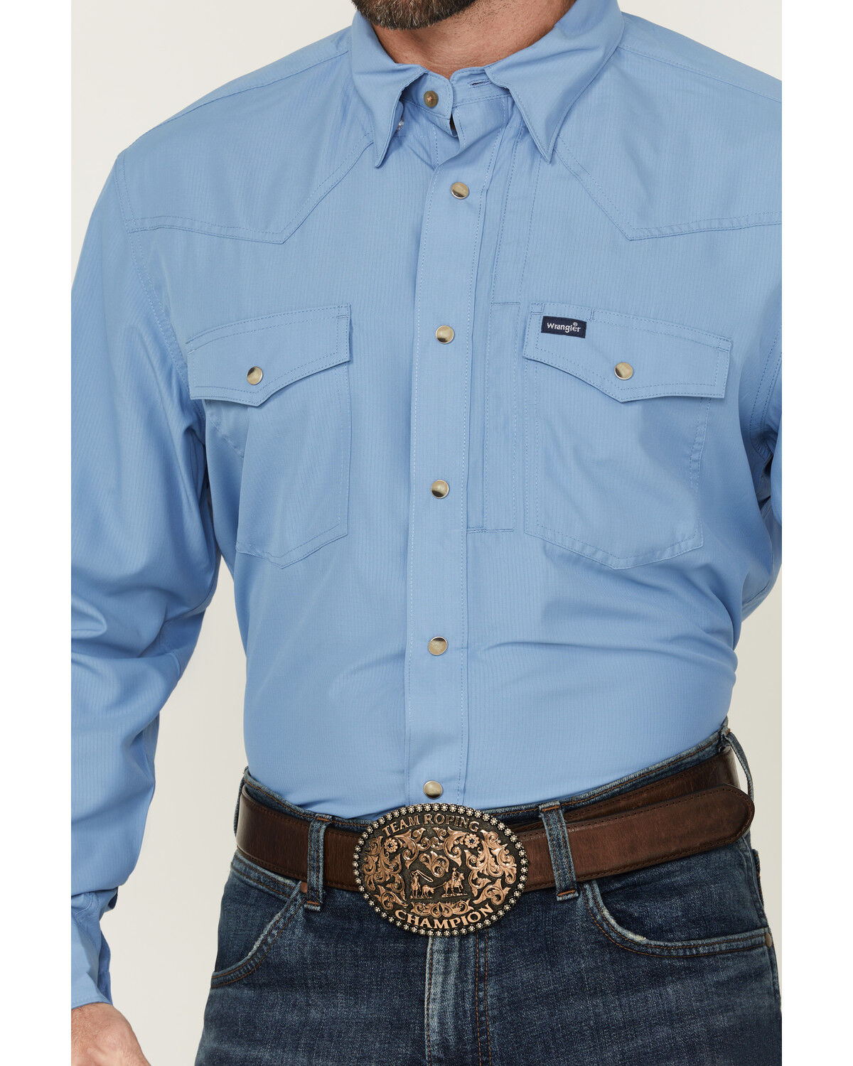 Image #3 - Wrangler Men's Solid Long Sleeve Snap Performance Western Shirt, Blue, hi-res