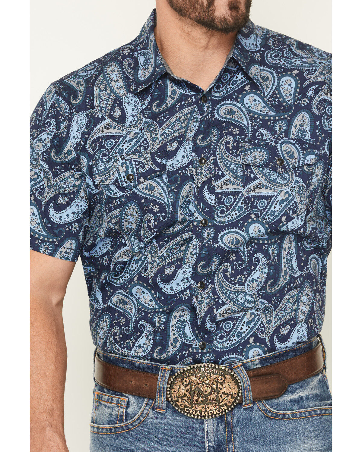 Image #3 - Cody James Men's Westward Paisley Print Short Sleeve Snap Western Shirt, Navy, hi-res