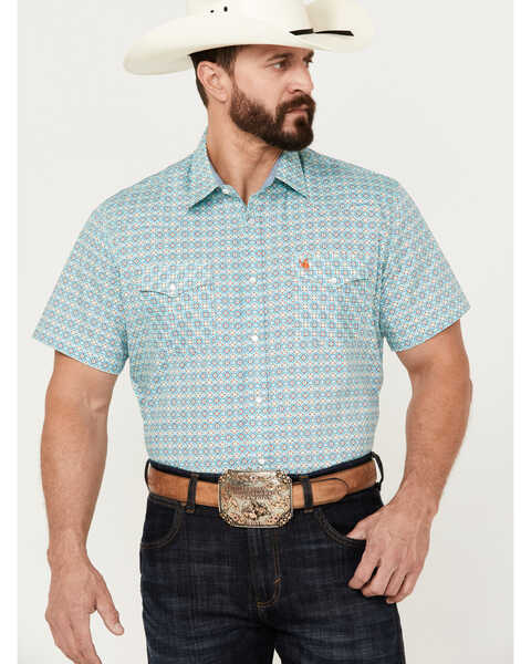 Rodeo Clothing Men's Medallion Print Short Sleeve Pearl Snap Western Shirt, Teal, hi-res