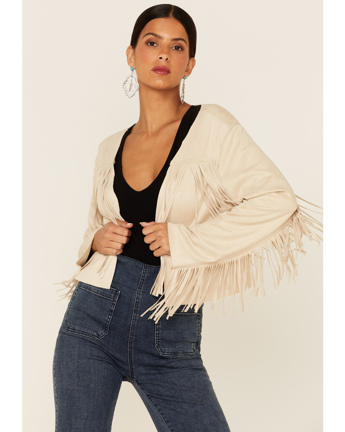Image #1 - Vocal Women's Faux Suede Western Fringe Jacket, Natural, hi-res