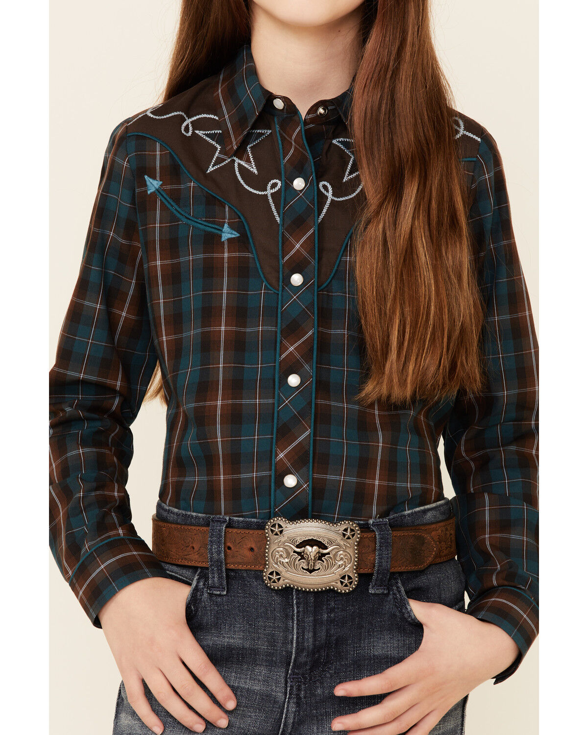 Image #3 - Roper Girls' Windowpane Plaid Print Fancy Yoke Long Sleeve Pearl Snap Western Shirt, Brown, hi-res